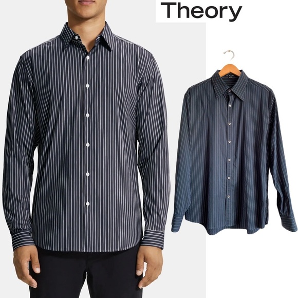 THEORY Men’s Striped Navy Blue Shirt Business Casual Button Down Lightweight XL - Picture 1 of 5